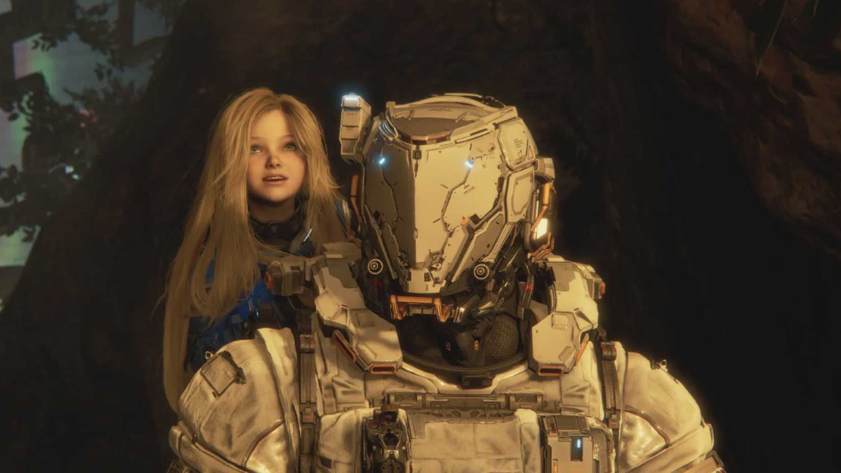 A childlike android and an astronaut in Pragmata