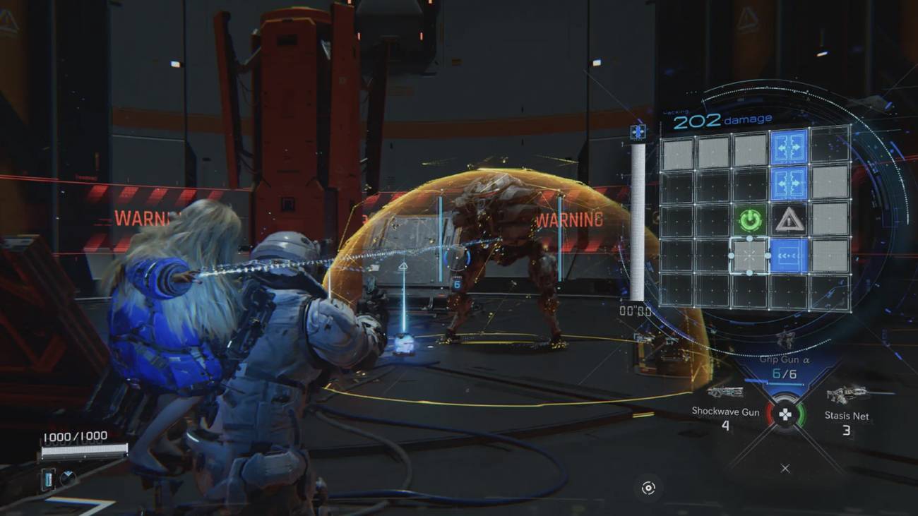 Gameplay screenshot from Pragmata showing a childlike android hacking a robot with an astronaut aims at it with a gun