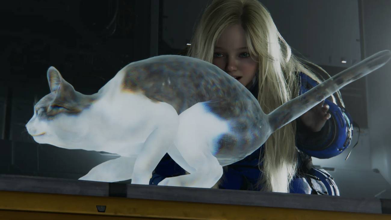 Diana, a childlike android, chasing after a holographic cat in a screenshot from Pragmata