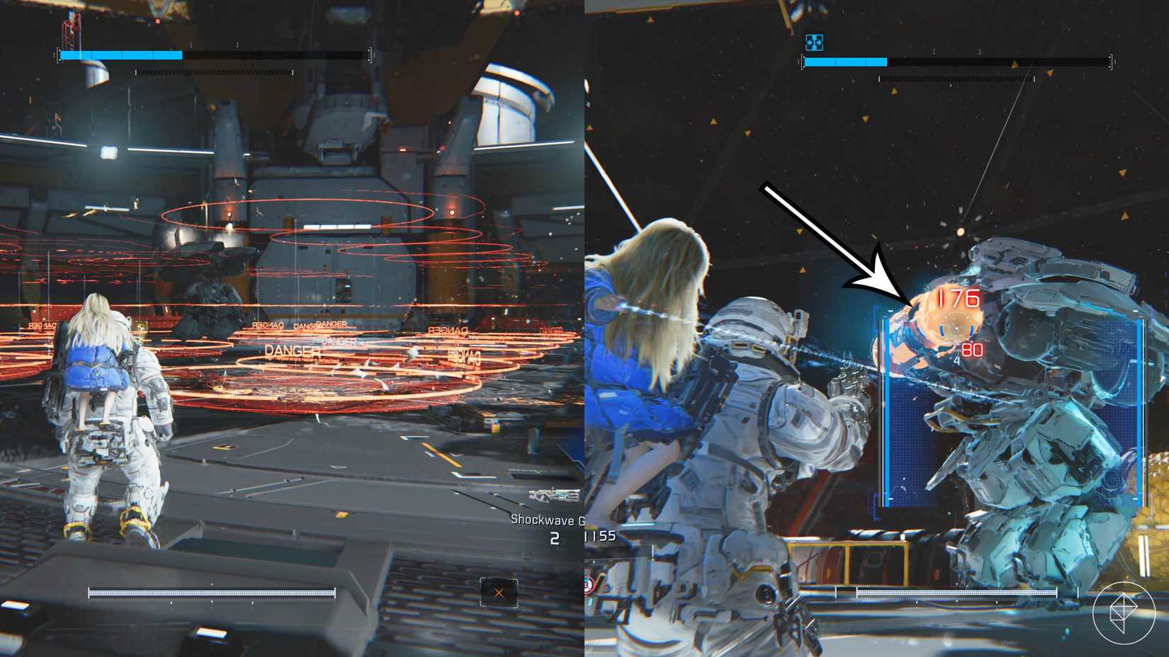 This picture shows the Pragmata SectorGuard's missile attack on the left, and its weak spot on the right.