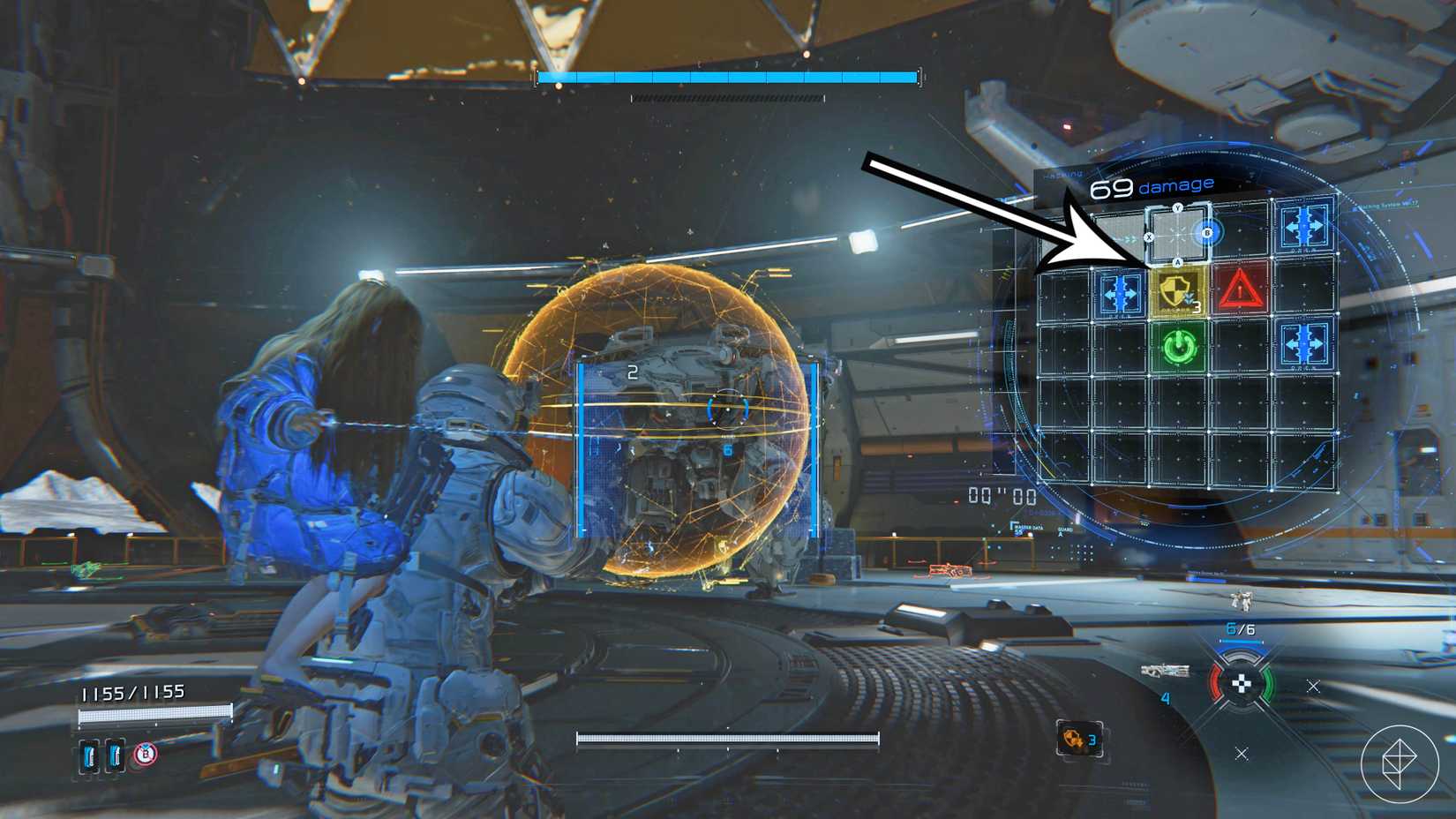 An arrow points to the yellow Decode tile in the SectorGuard's hacking screen in Pragmata.