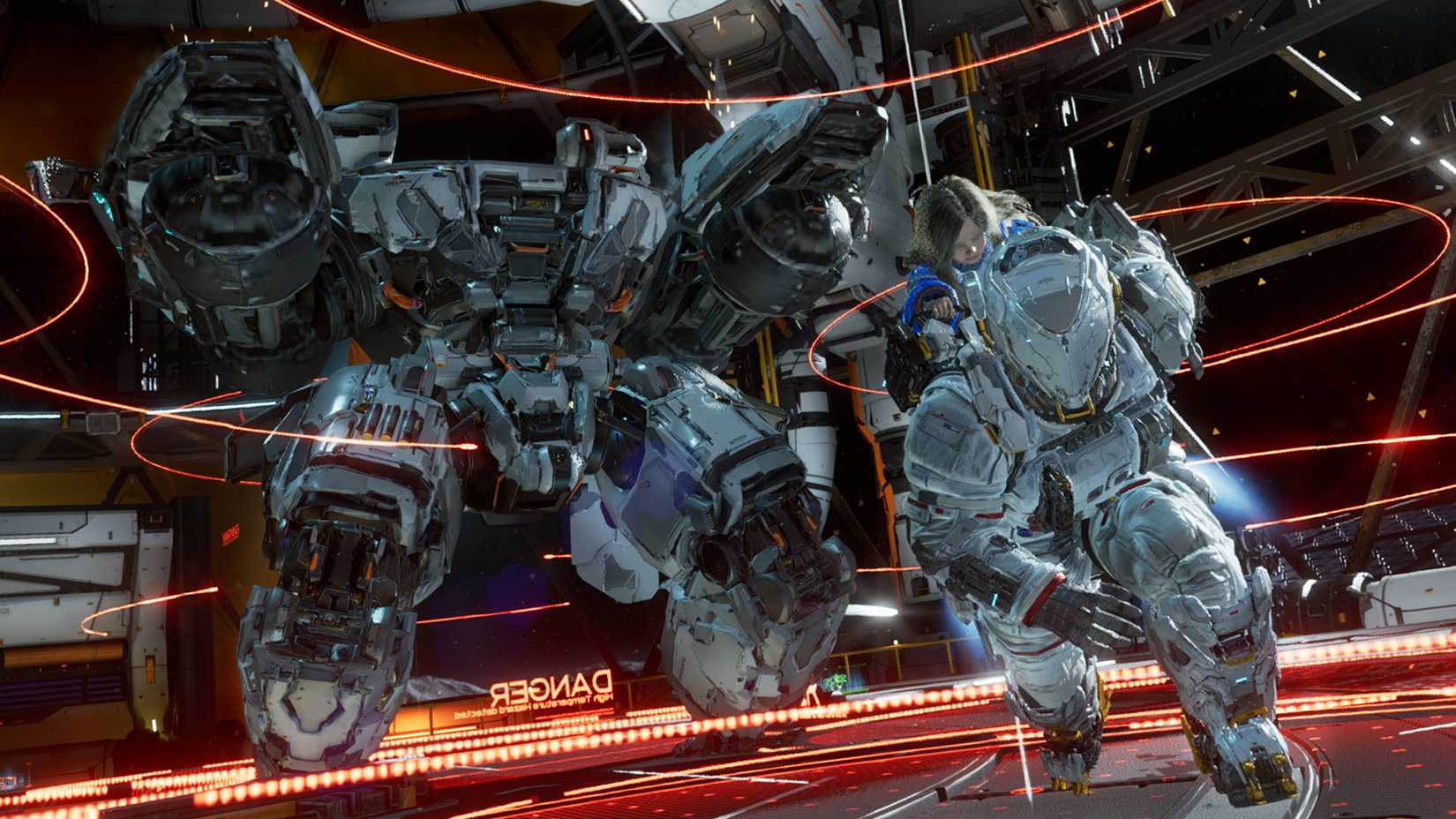 Hugh (in a spacesuit) carrying Diana races away from a big mech in Pragmata