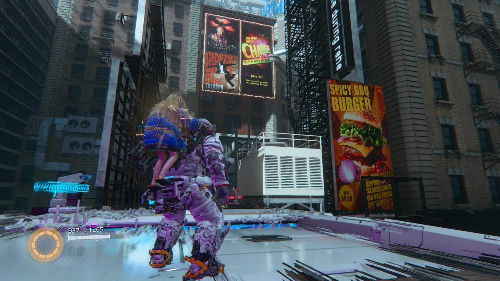 Astronaut Hugh and android Diana admiring billboards in Times Square on the moon in a screenshot from Pragmata