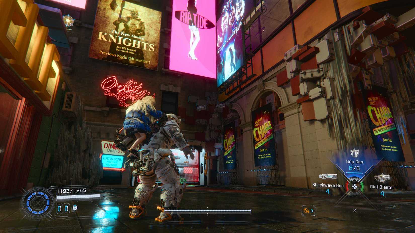 Astronaut Hugh and android Diana checking out local theater in Times Square on the moon in a screenshot from Pragmata
