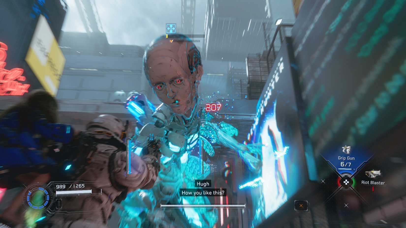 Hugh pointing the Grip Gun at a large humanoid robot in Pragmata