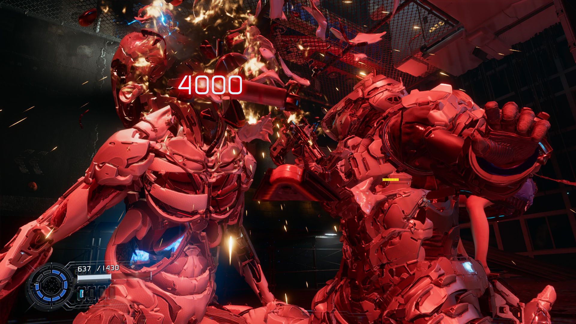 A Pragmata screenshot showing Hugh landing a critical attack