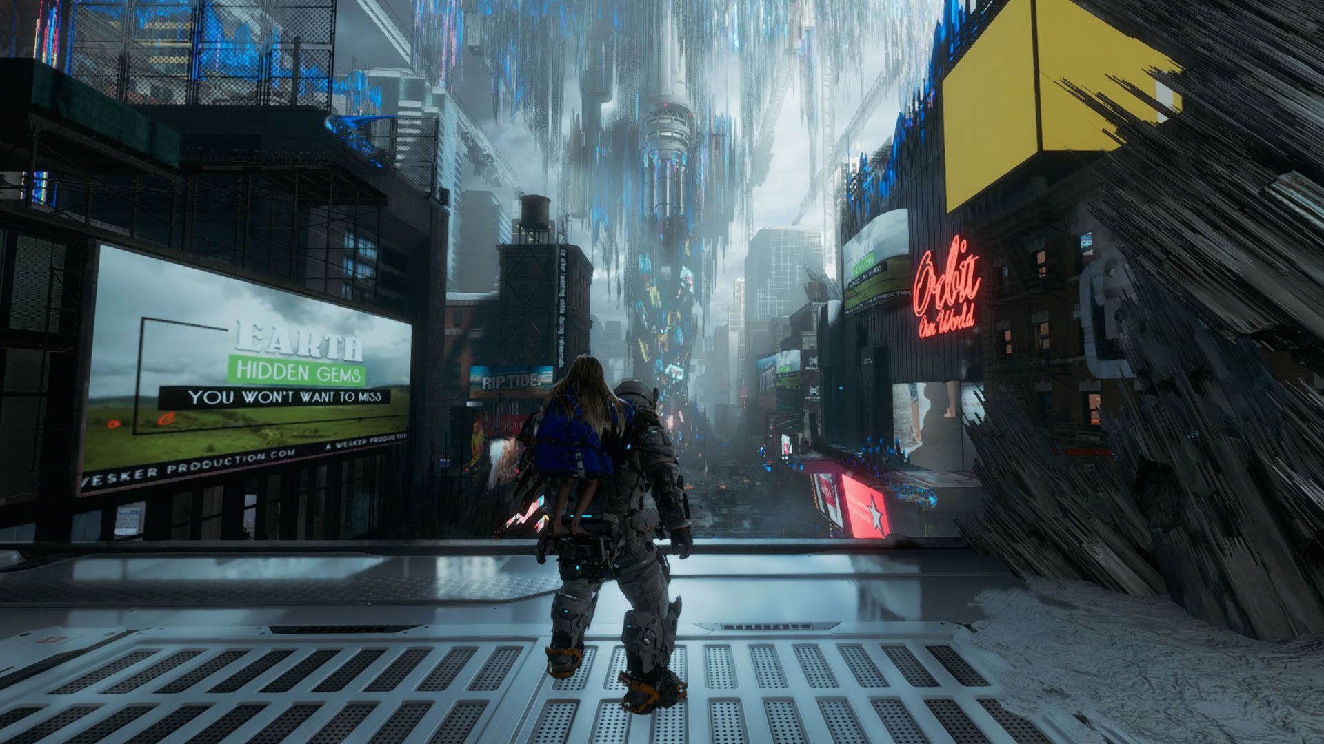 A Pragmata sscreenshot showing Diana and Hugh looking at a place that resembles New York