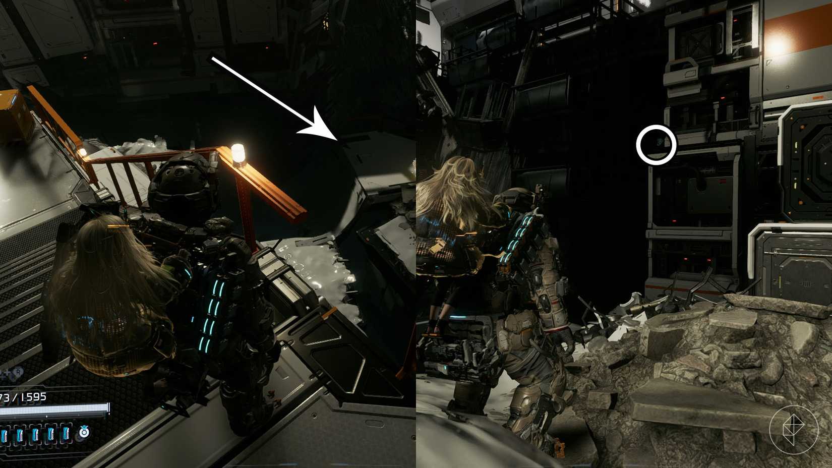 A montage using two Pragmata images showing the location of a Mini Cabin figure