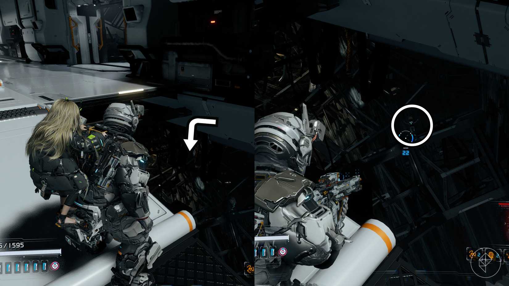 A montage using two Pragmata images showing the location of a Mini Cabin figure