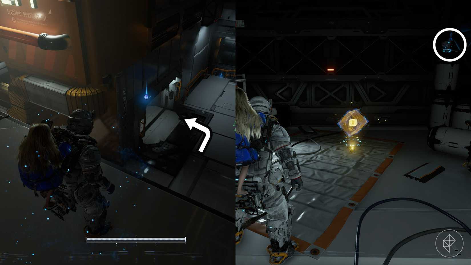 A montage using two Pragmata images showing the location of a Mini Cabin figure