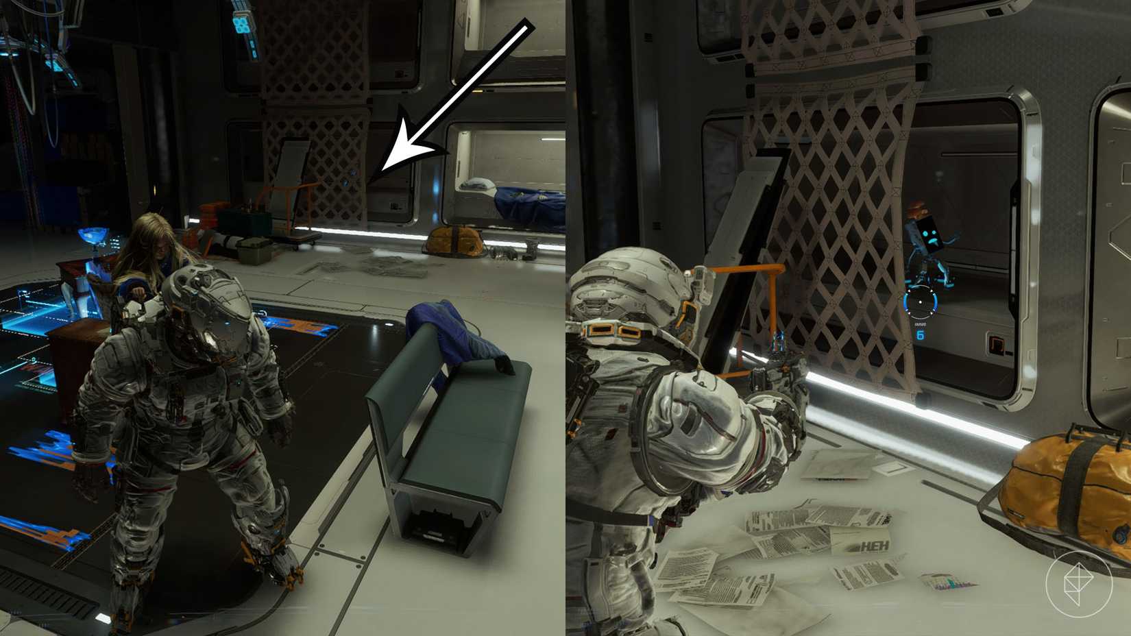 A montage using two Pragmata images showing the location of a Mini Cabin figure