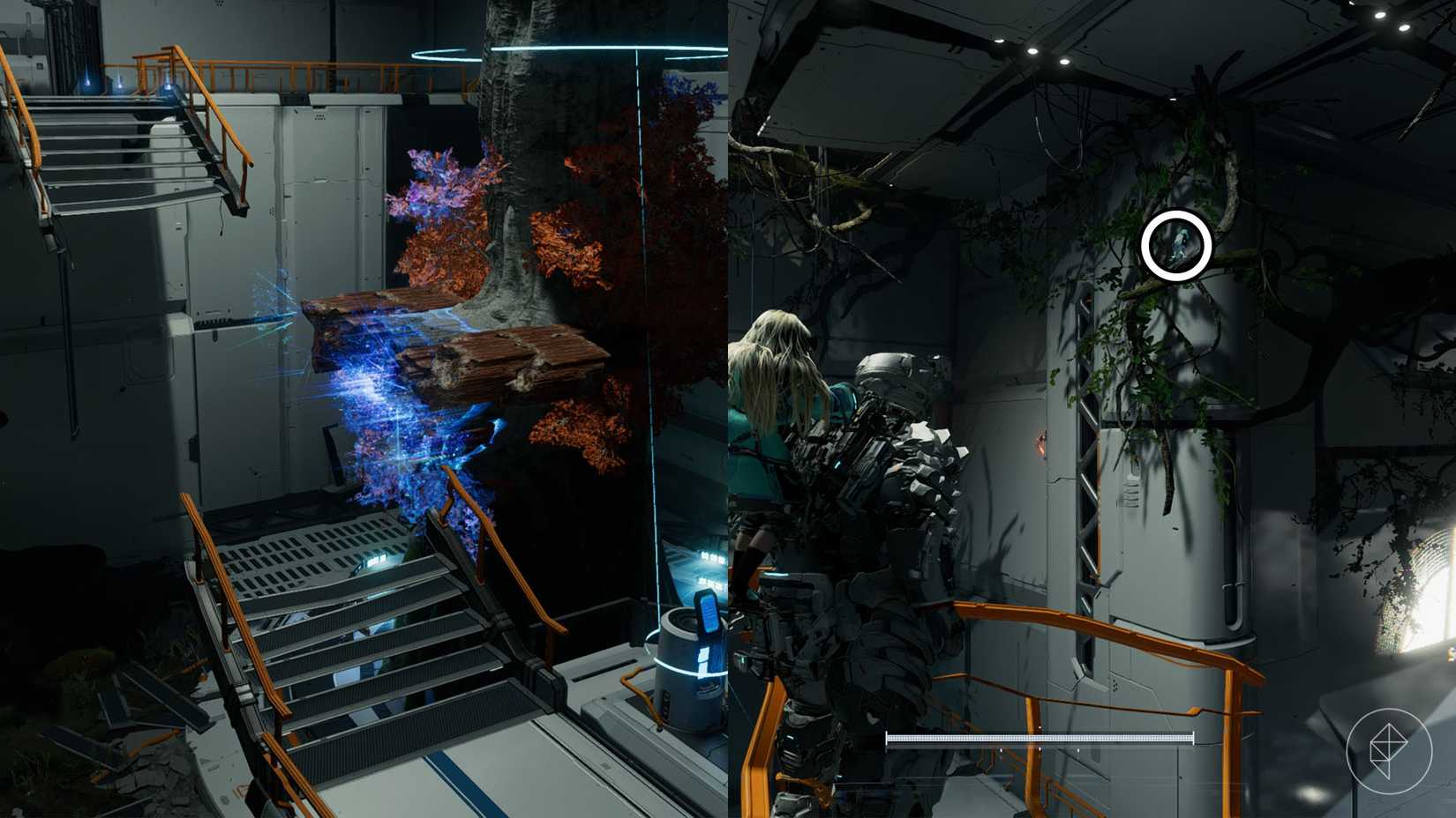 A montage using two Pragmata images showing the location of a Mini Cabin figure