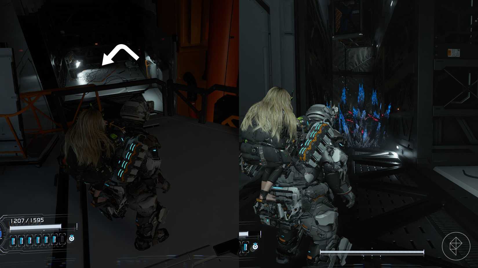 A montage using two Pragmata imagesshowing the location of an upgrade component in the Solar Power Plant sector