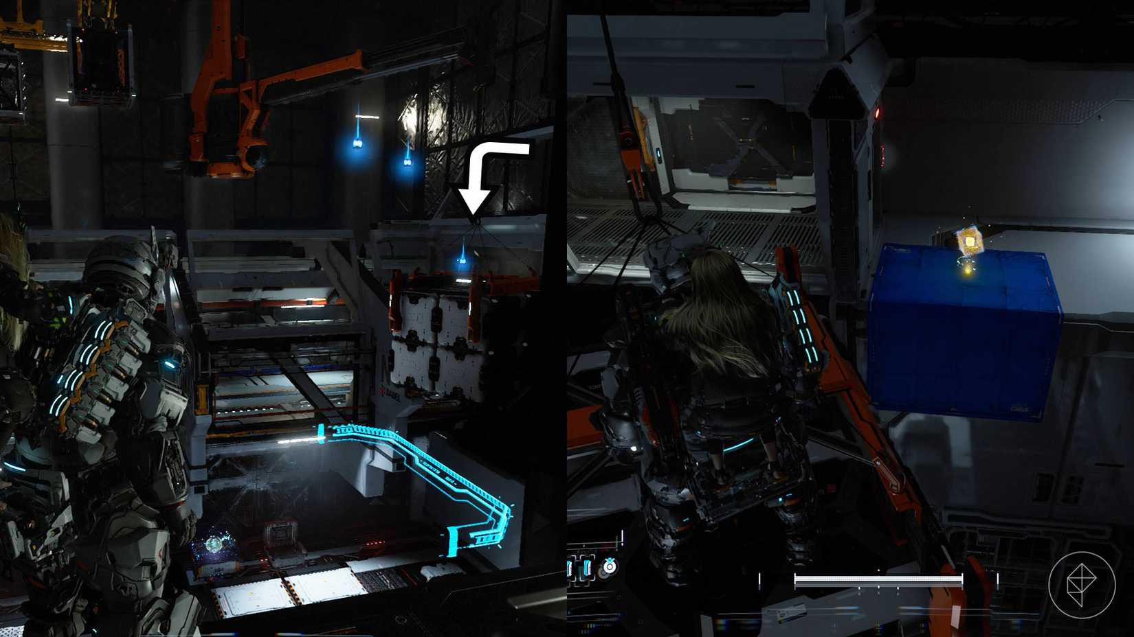 A montage using two Pragmata imagesshowing the location of an upgrade component in the Solar Power Plant sector