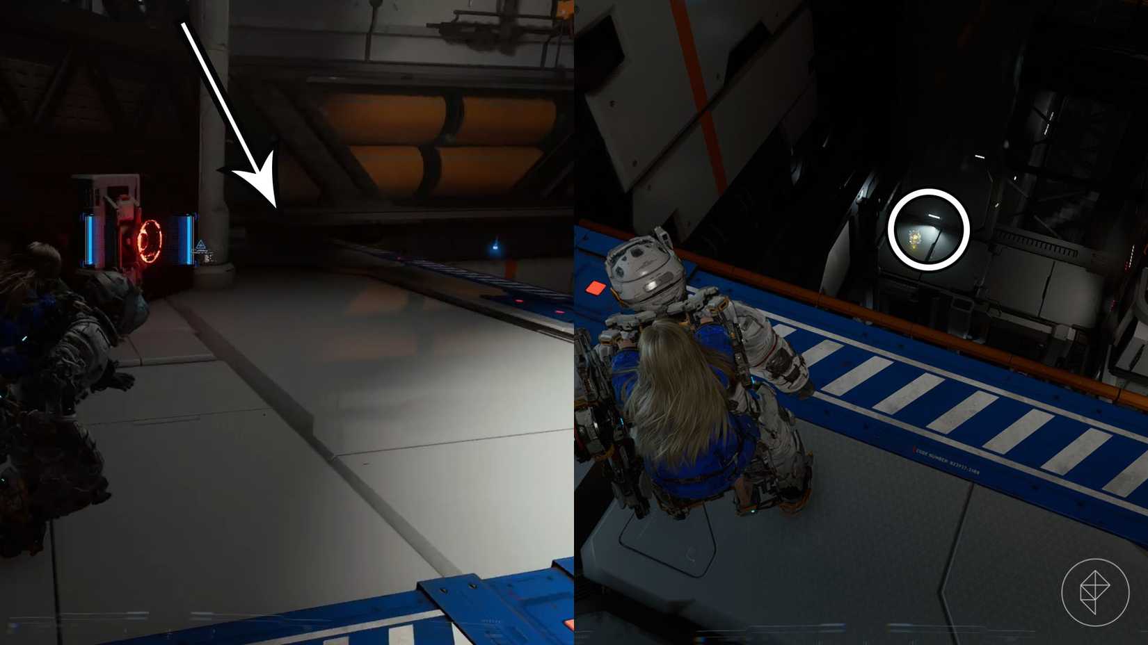 A montage using two Pragmata imagesshowing the location of an upgrade component in the Solar Power Plant sector