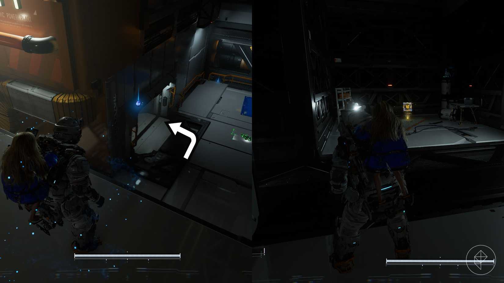 A montage using two Pragmata imagesshowing the location of an upgrade component in the Solar Power Plant sector