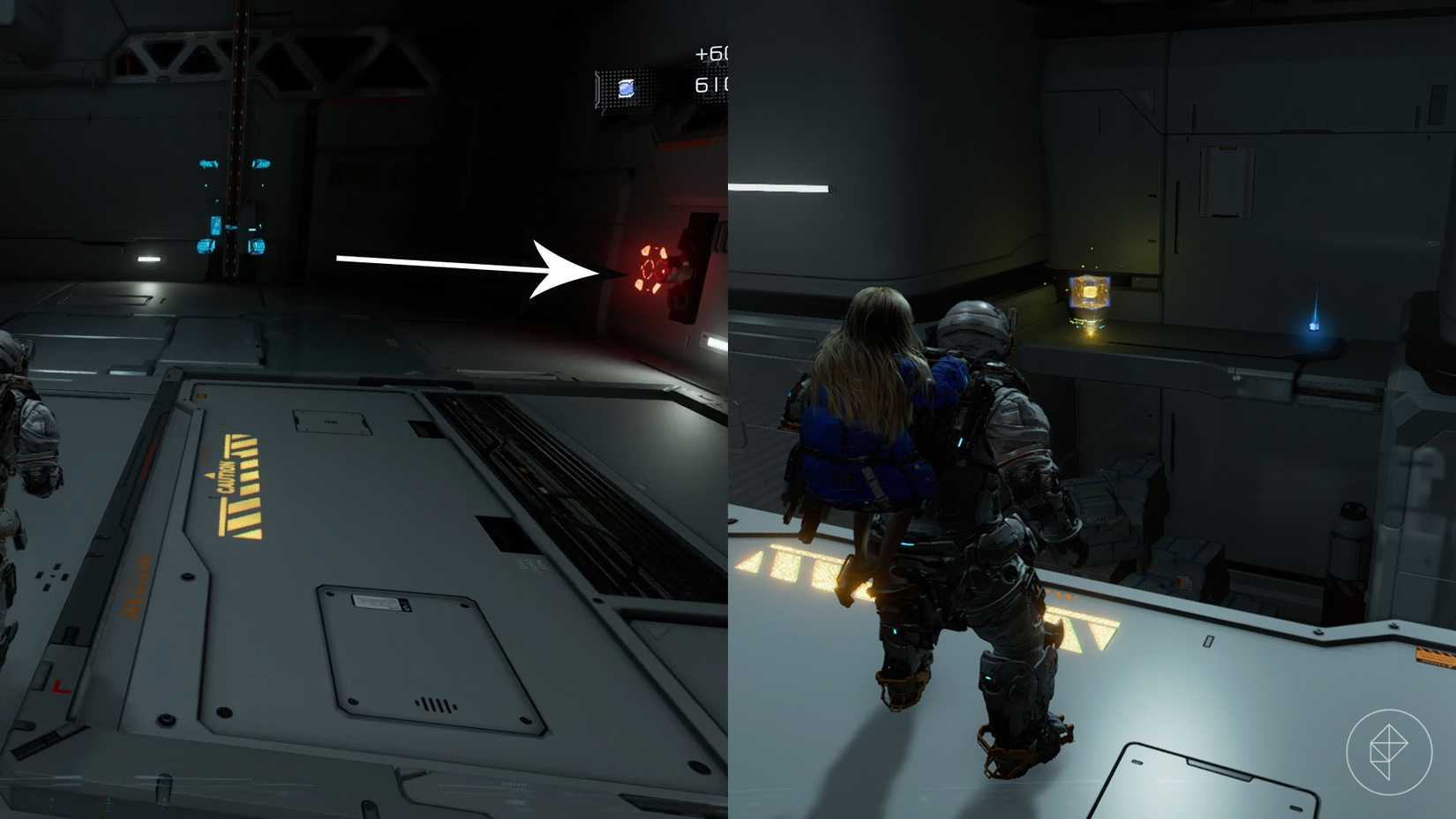 A montage using two Pragmata imagesshowing the location of an upgrade component in the Solar Power Plant sector