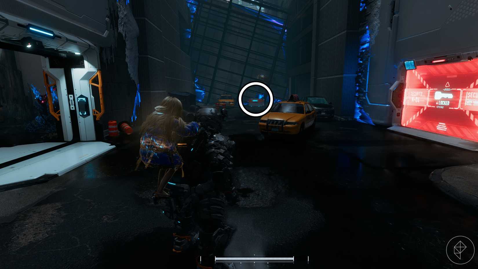 A Pragmata screenshot showing the location of an upgrade component in the Mass Production Array  sector