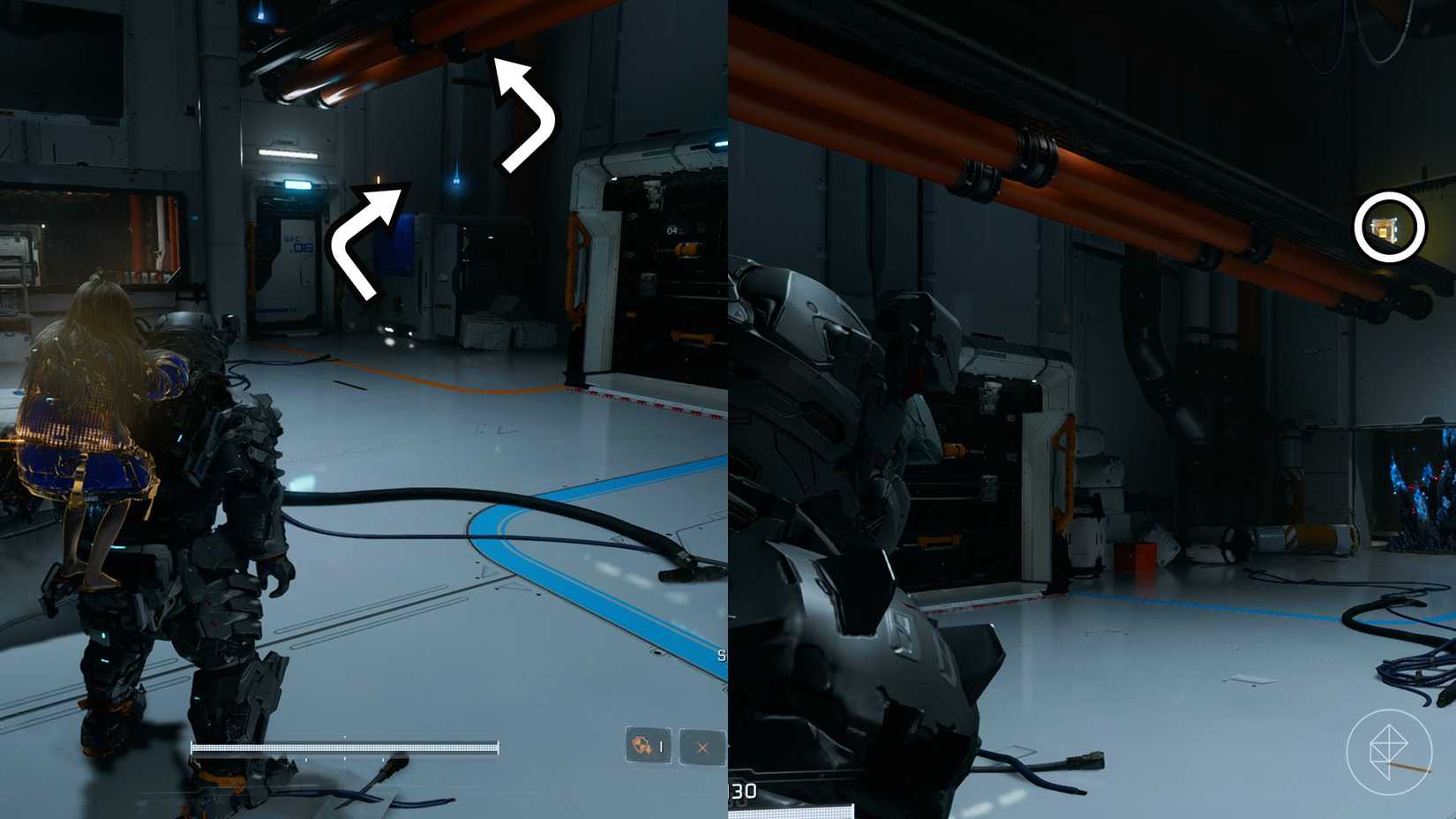 A montage using two Pragmata images showing the location of an upgrade component in the Mass Production Array sector