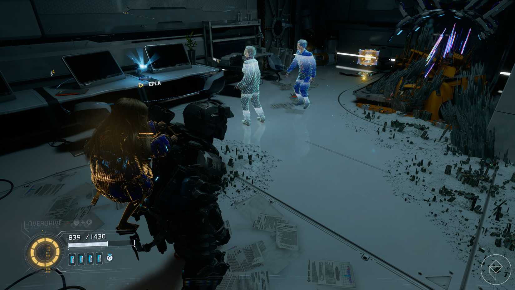 A Pragmata screenshot showing the location of an upgrade component in the Mass Production Array  sector