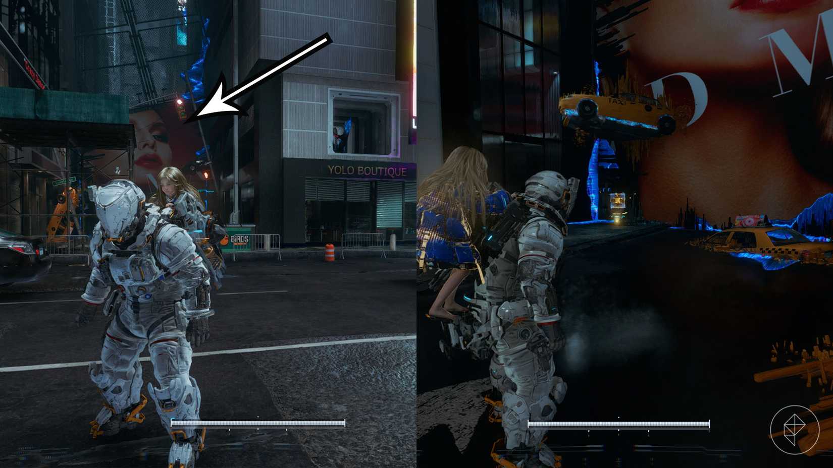 A montage using two Pragmata images showing the location of an upgrade component in the Mass Production Array s sector