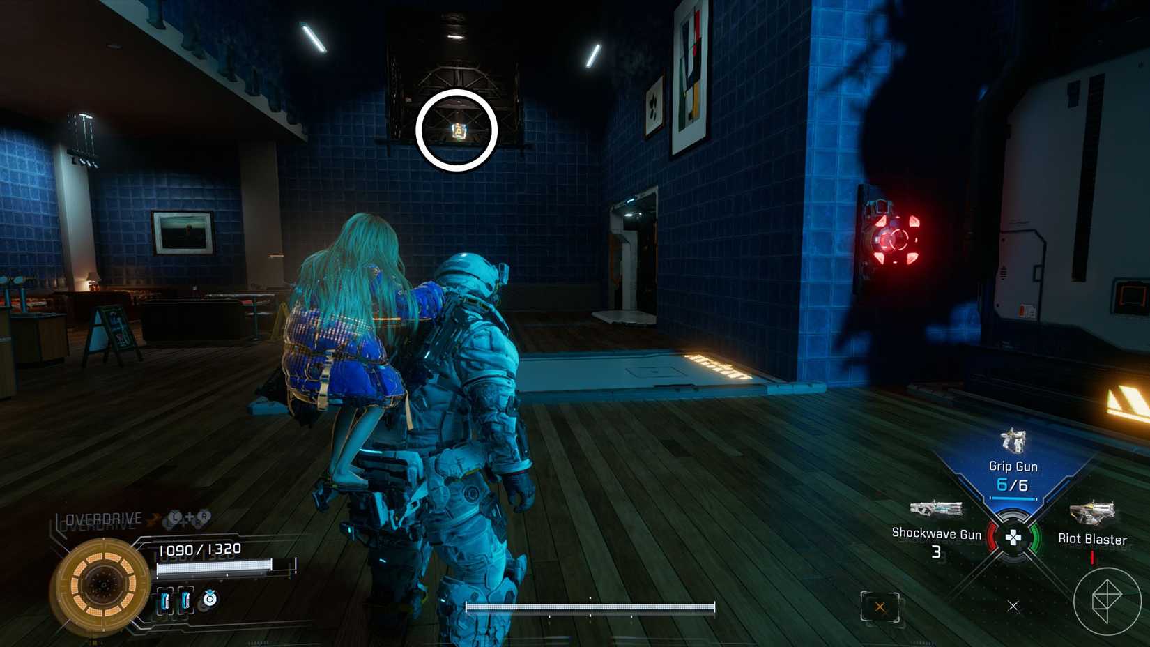 A Pragmata screenshot showing the location of an upgrade component in the Mass Production Array  sector