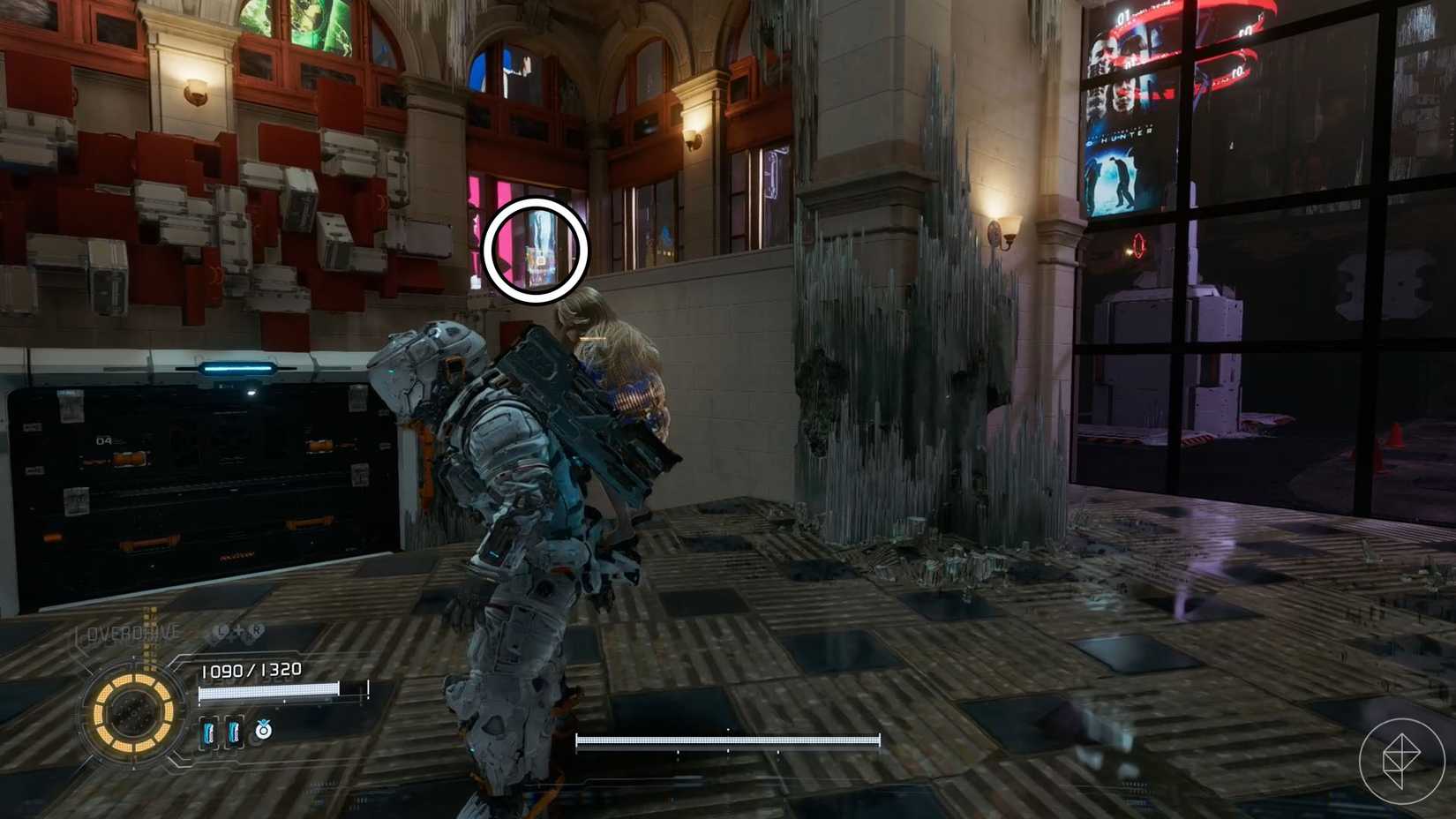 A Pragmata screenshot showing the location of an upgrade component in the Mass Production Array  sector