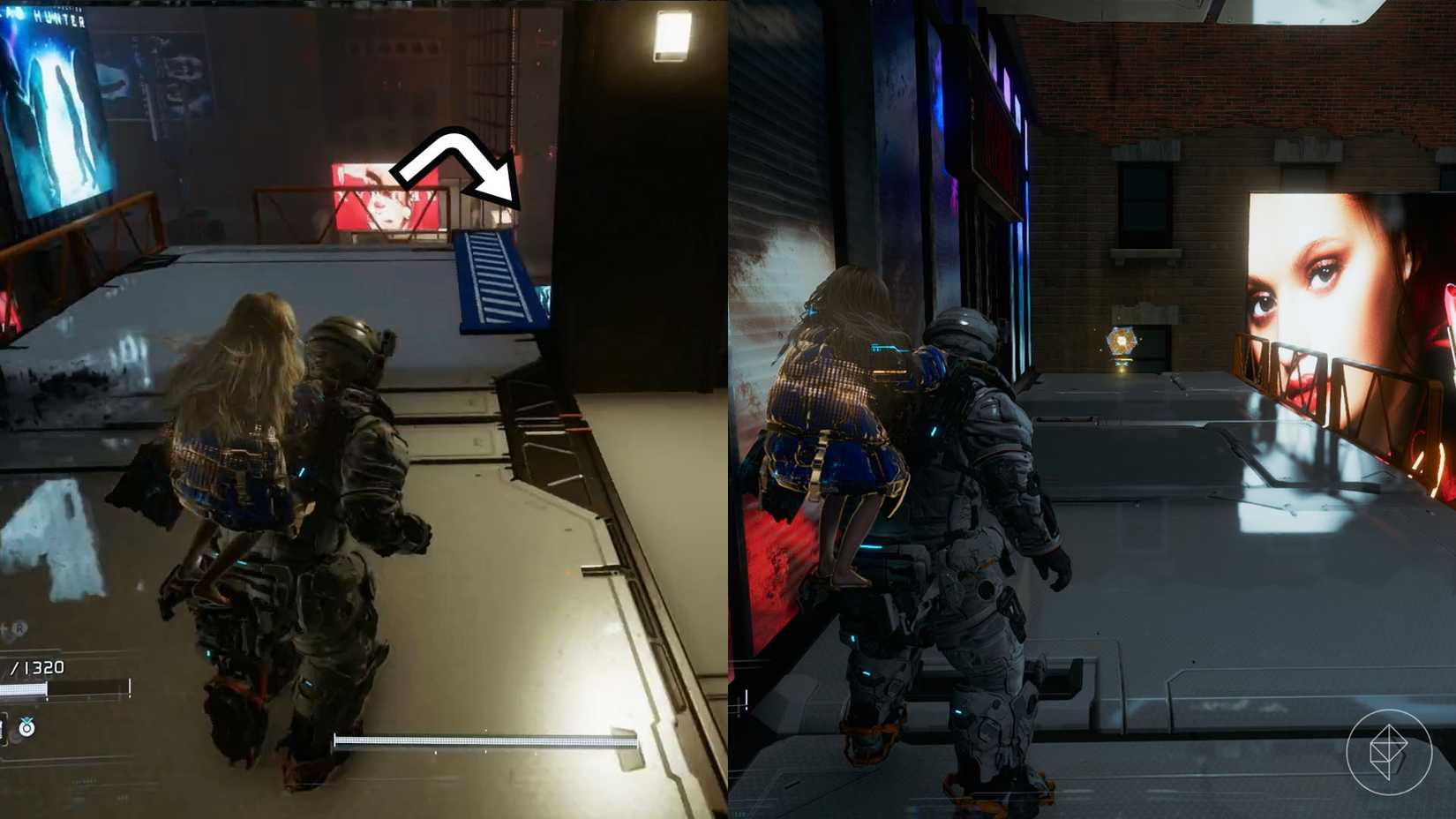 A montage using two Pragmata images showing the location of an upgrade component in the Mass Production Array sector