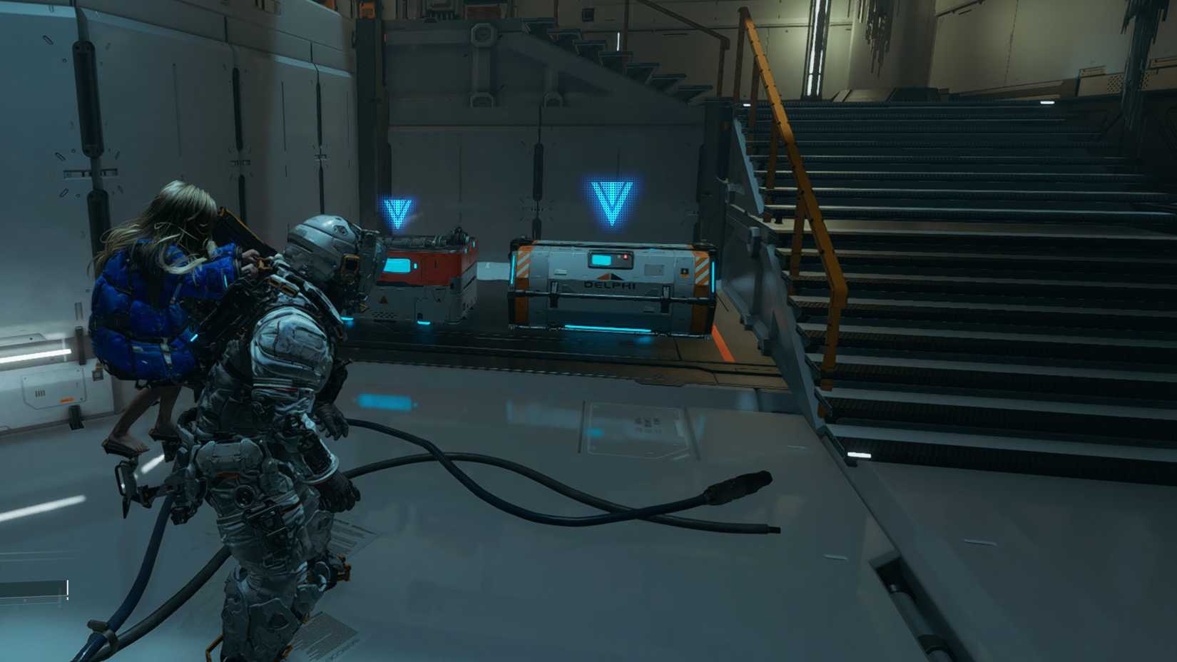 A Pragmata screenshot showing the location of an upgrade component in the Mass Production Array  sector