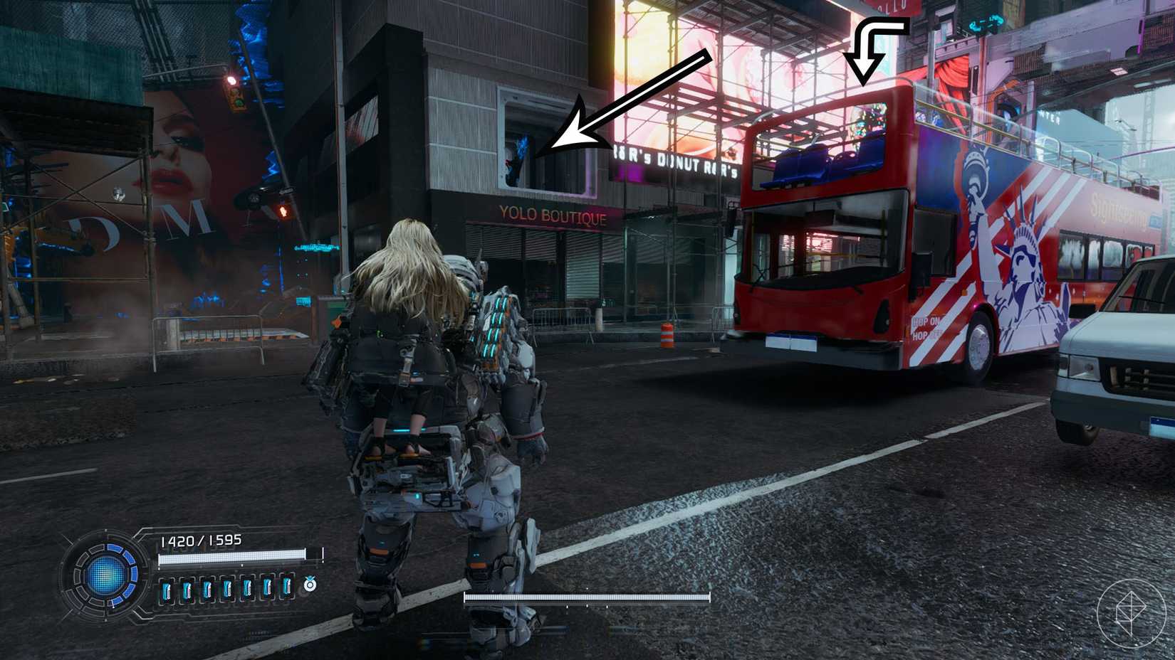 A Pragmata screenshot showing the location of an upgrade component in the Mass Production Array  sector