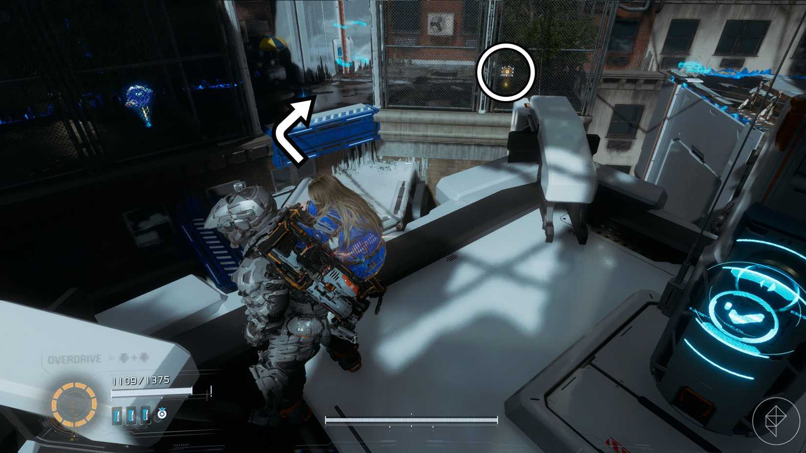 A Pragmata screenshot showing the location of an upgrade component in the Mass Production Array  sector