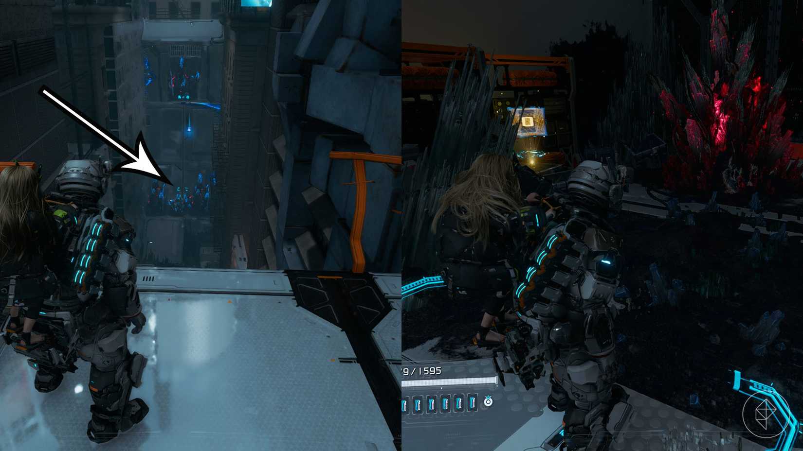 A montage using two Pragmata images showing the location of an upgrade component in the Mass Production Array sector