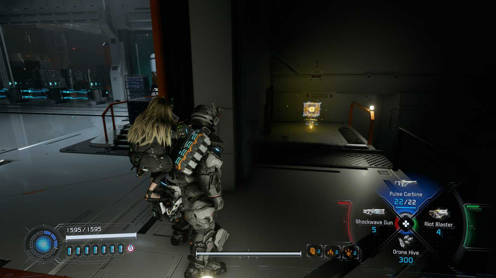 A Pragmata screenshot showing the location of an upgrade component in the Mass Production Array  sector