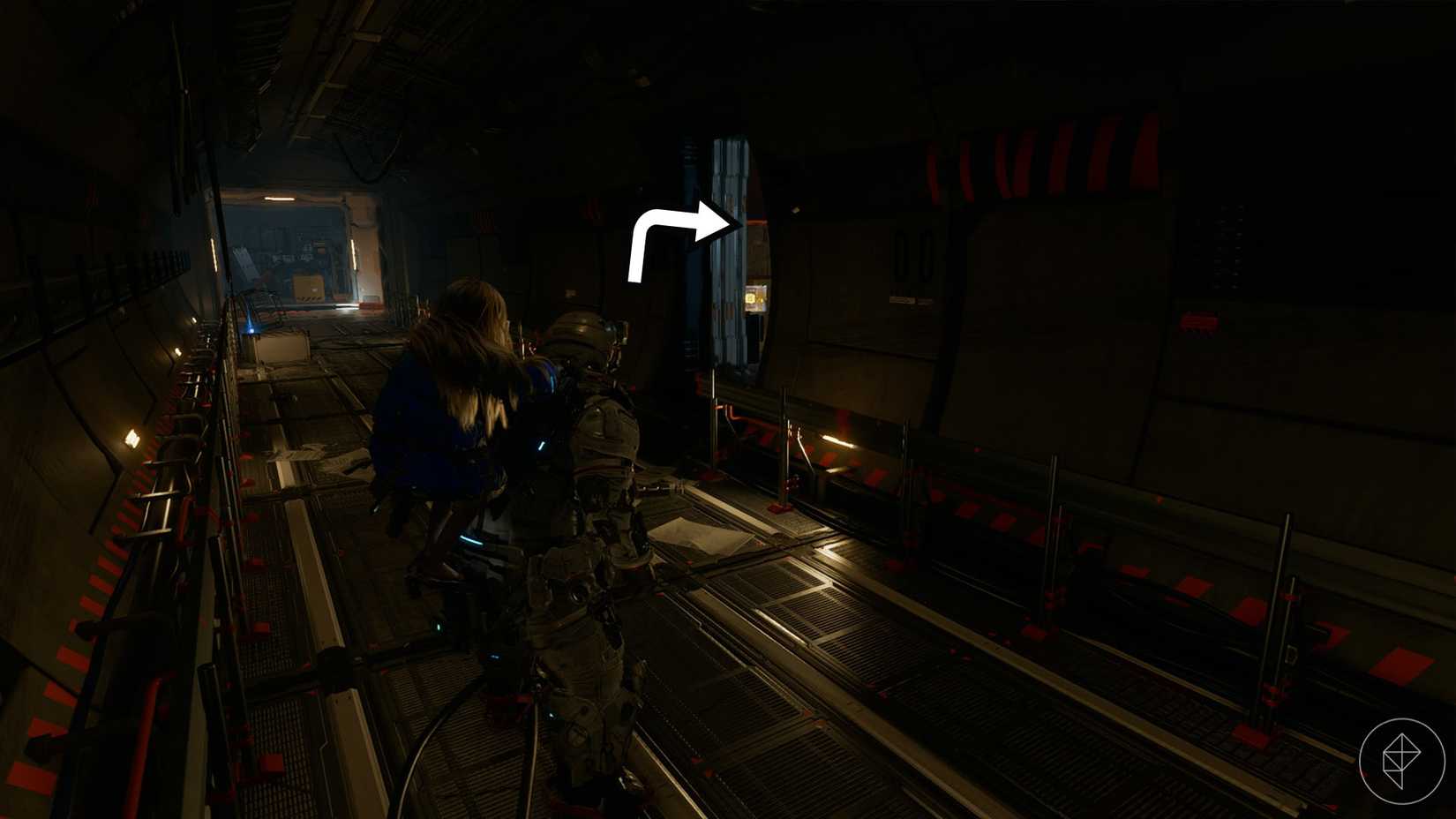 A Pragmata screenshot showing the location of an upgrade component in the Mass Production Array  sector