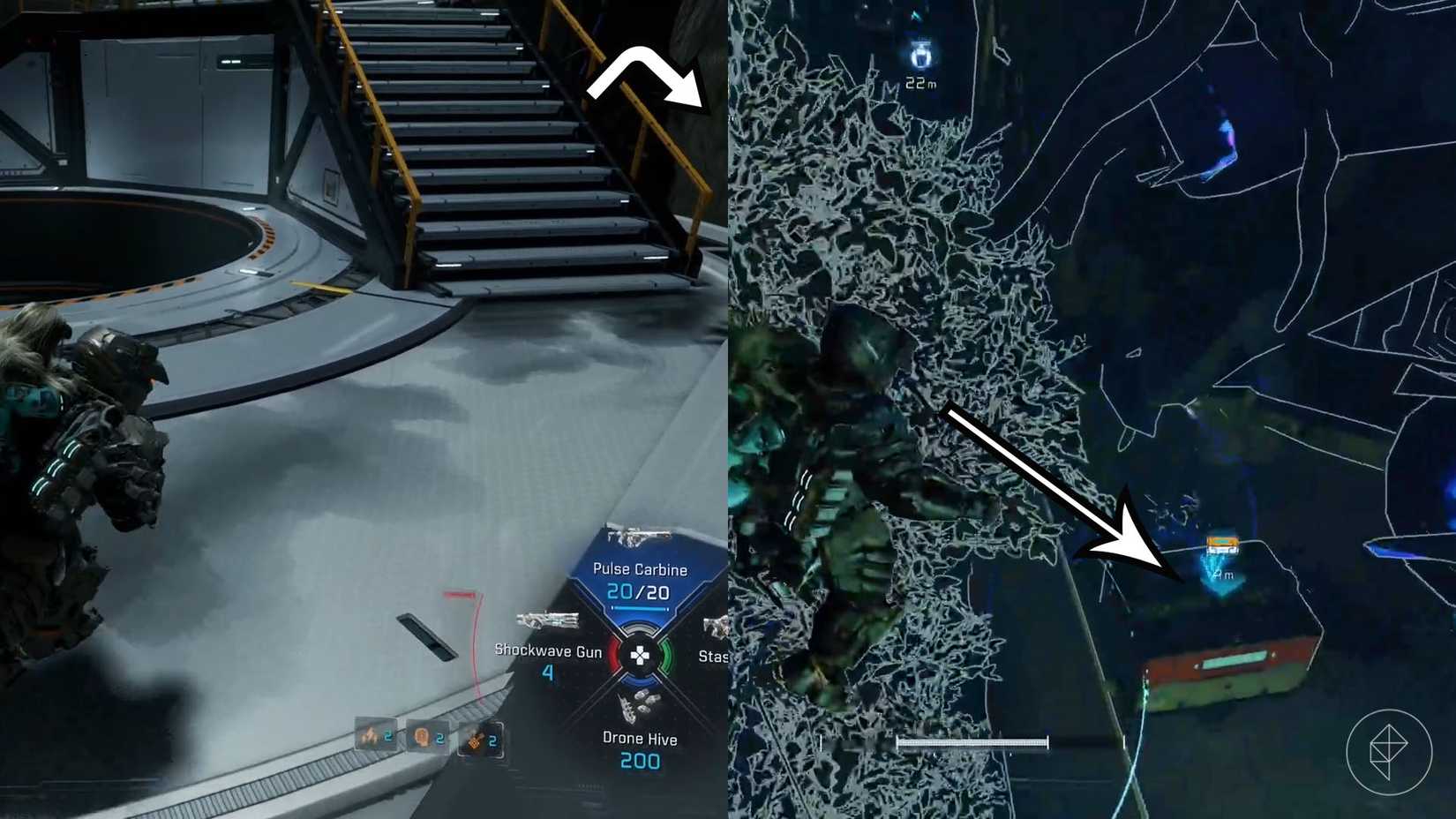 A montage using two Pragmata images showing the location of an upgrade component in the Terra Dome sector