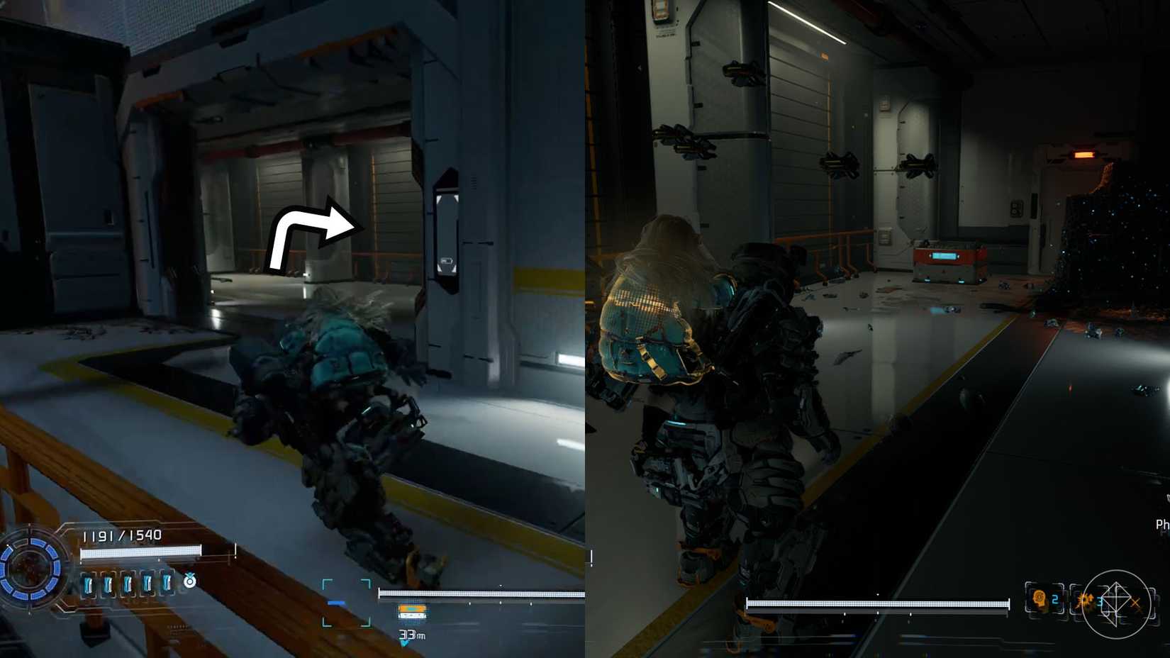 A montage using two Pragmata images showing the location of an upgrade component in the Terra Dome sector