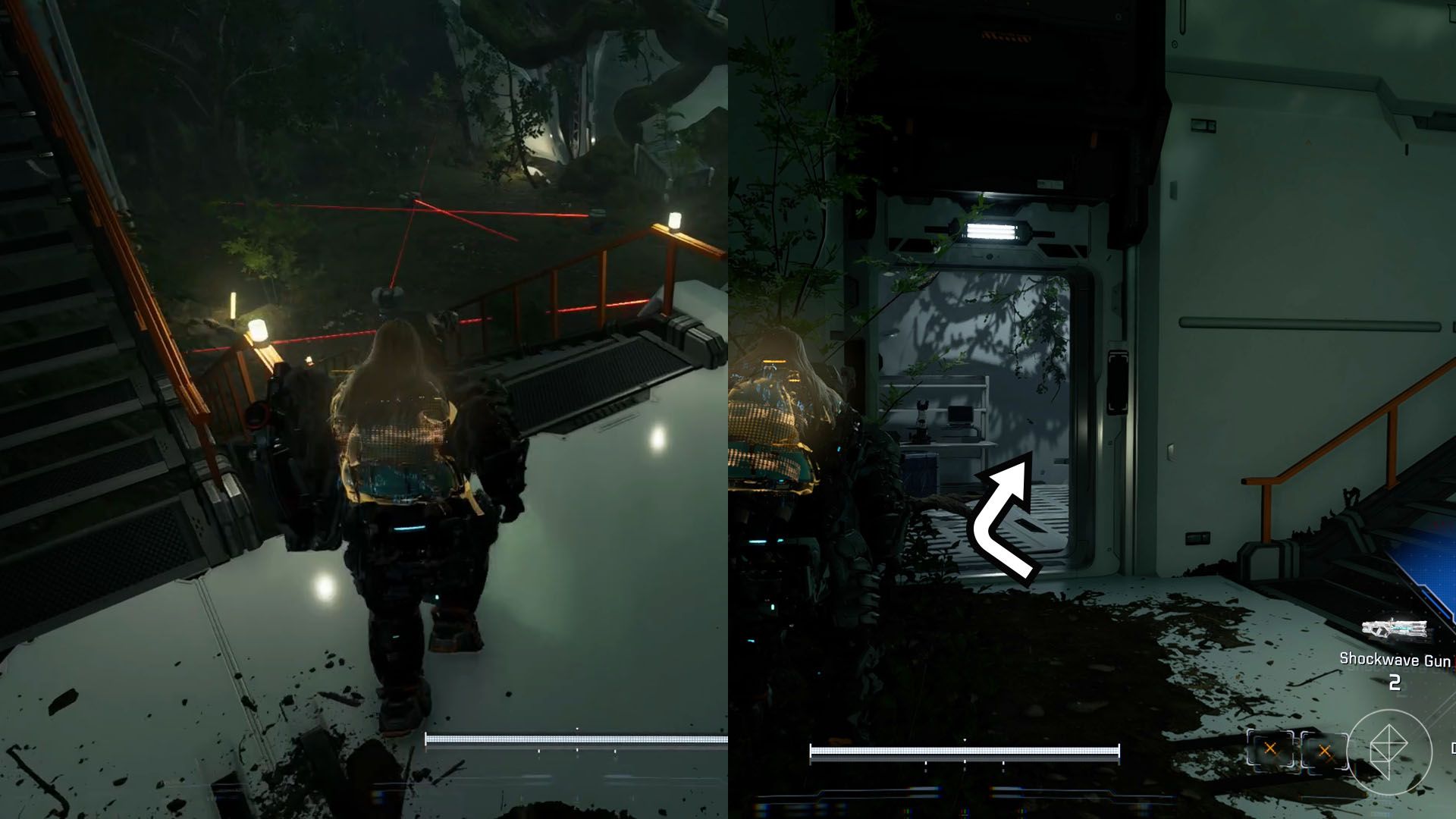 A montage using two Pragmata images showing the location of an upgrade component in the Terra Dome sector