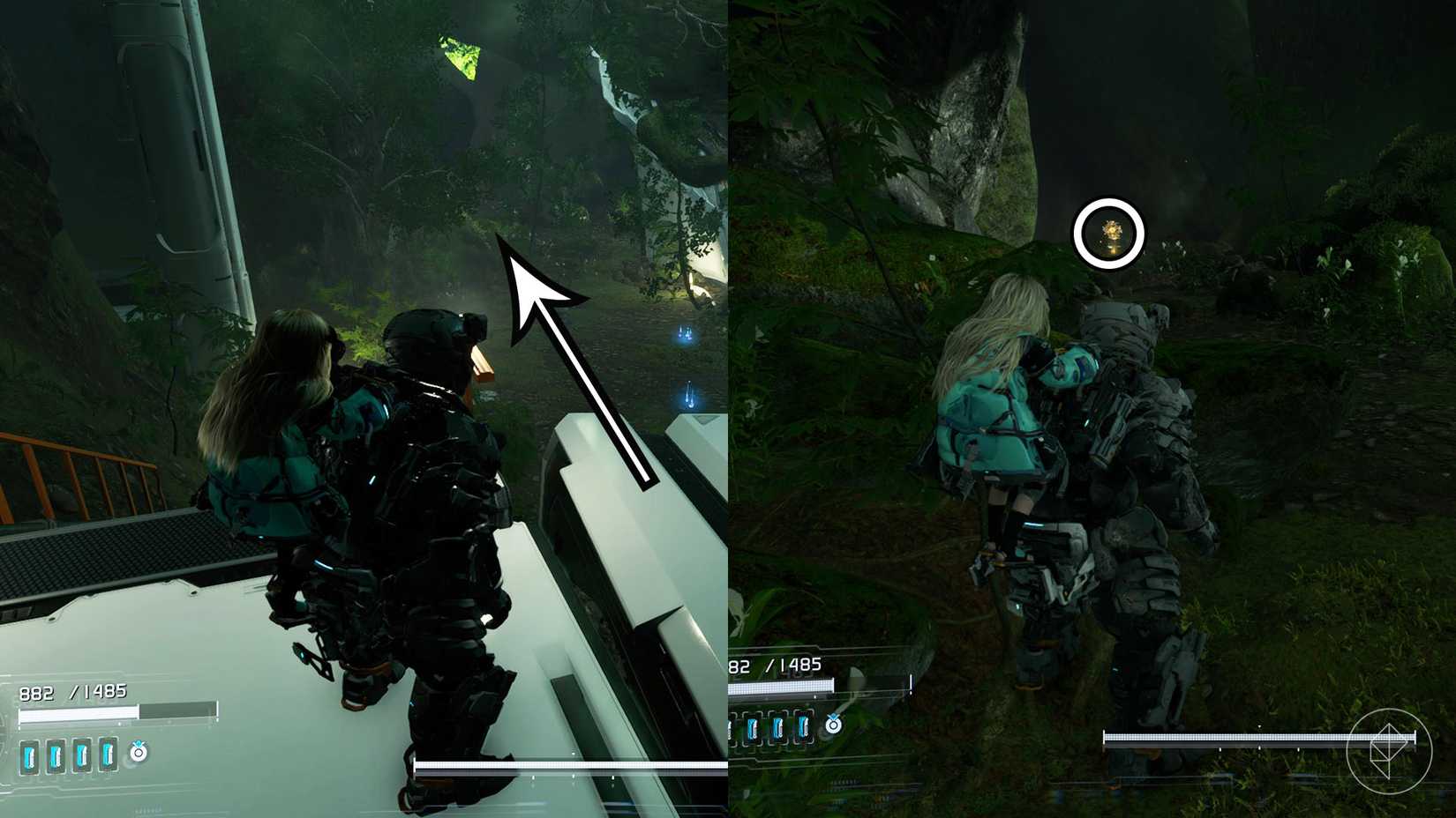 A montage using two Pragmata images showing the location of an upgrade component in the Terra Dome sector