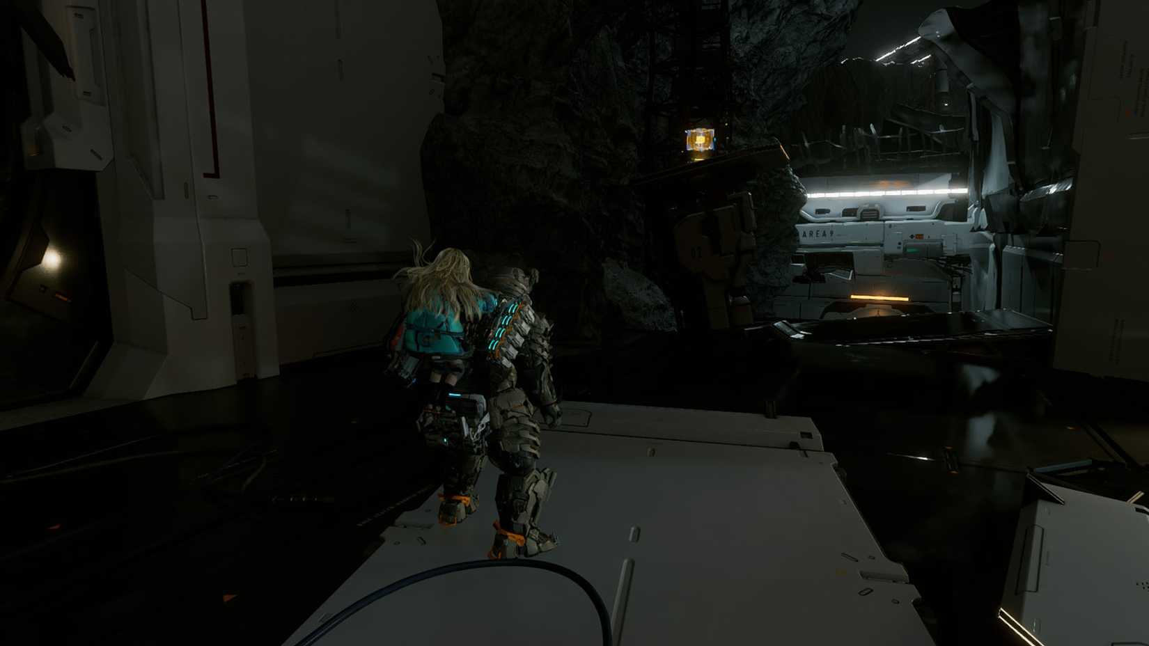 A montage using two Pragmata images showing the location of an upgrade component in the Lunum Mines sector