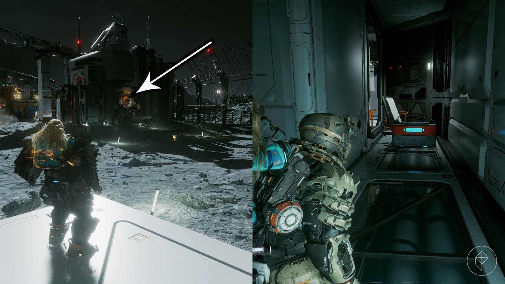 A montage using two Pragmata images showing the location of an upgrade component in the Lunum Mines sector