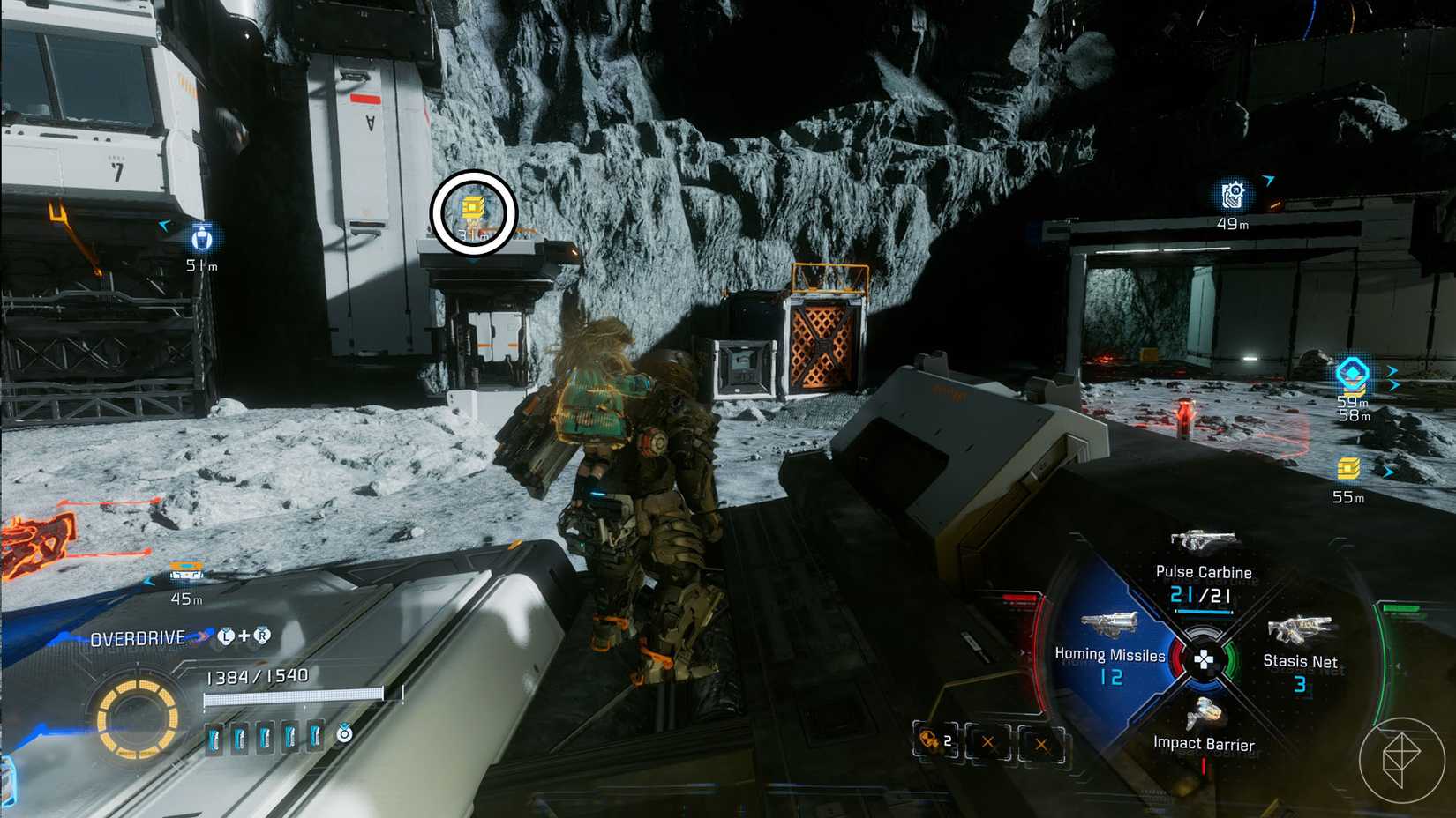 A Pragmata screenshot showing the location of an upgrade component in the Lunum Miness sector