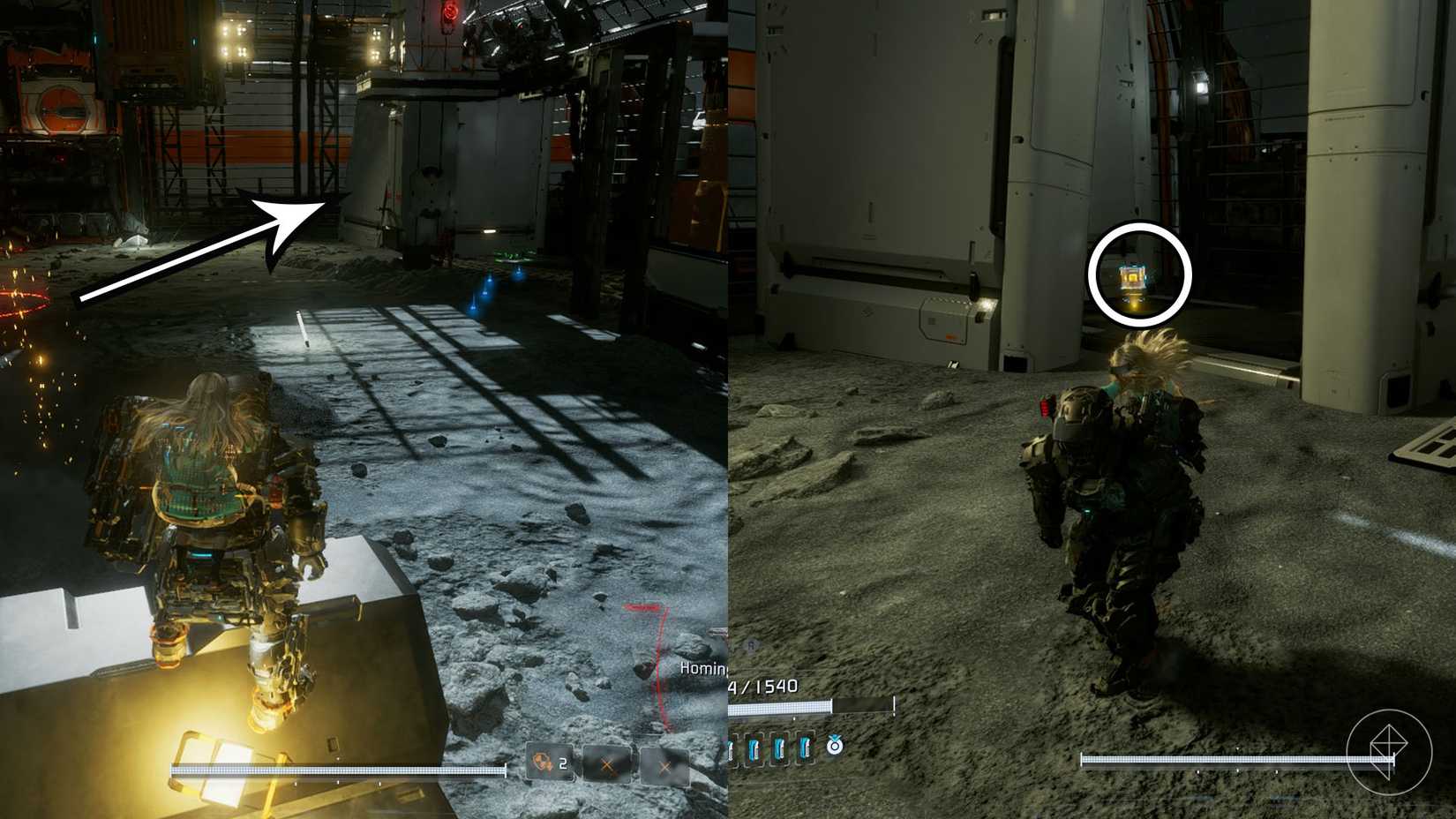 A montage using two Pragmata images showing the location of an upgrade component in the Lunum Mines sector