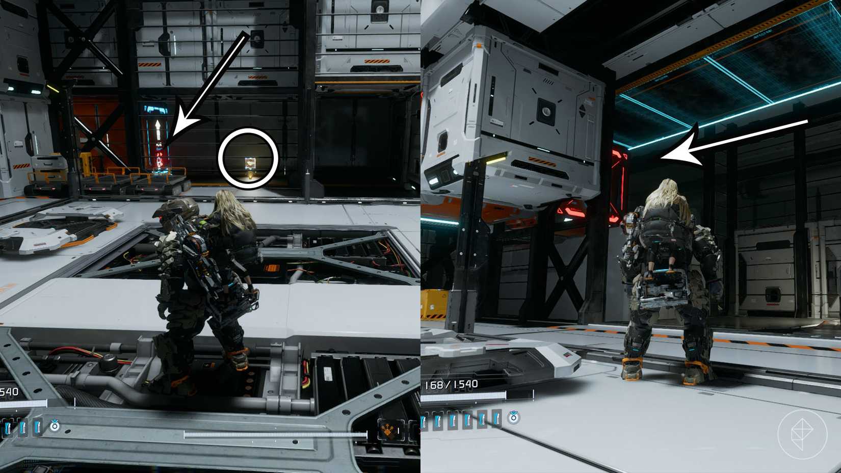 A montage using two Pragmata images showing the location of an upgrade component in the Lunum Mines sector