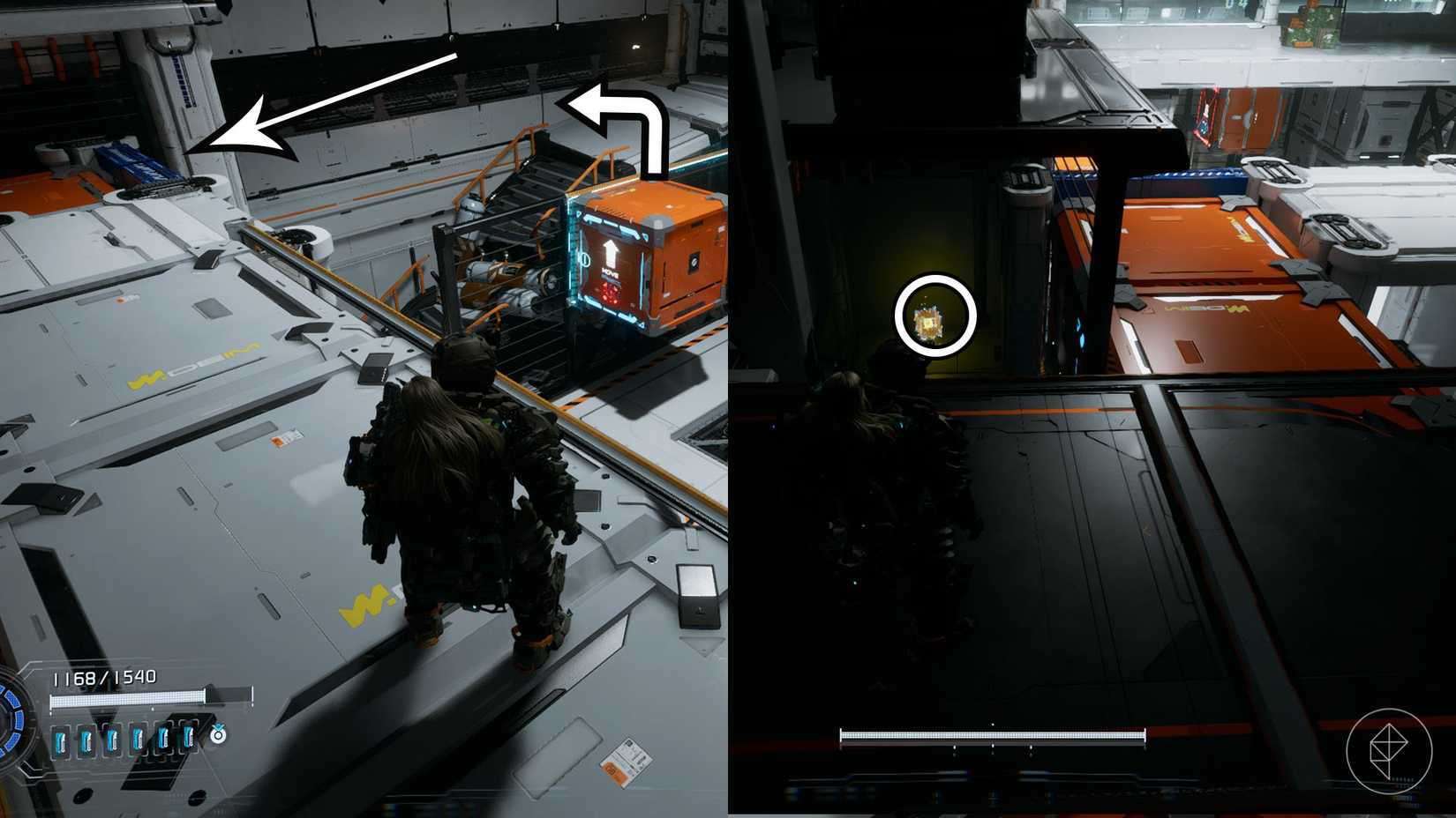 A montage using two Pragmata images showing the location of an upgrade component in the Lunum Mines sector