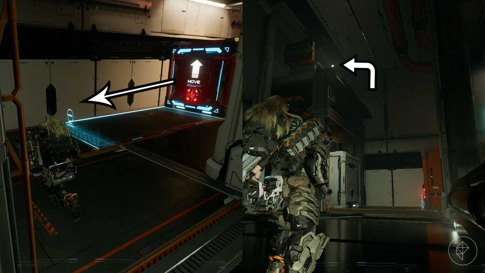 A montage using two Pragmata images showing the location of an upgrade component in the Lunum Mines sector