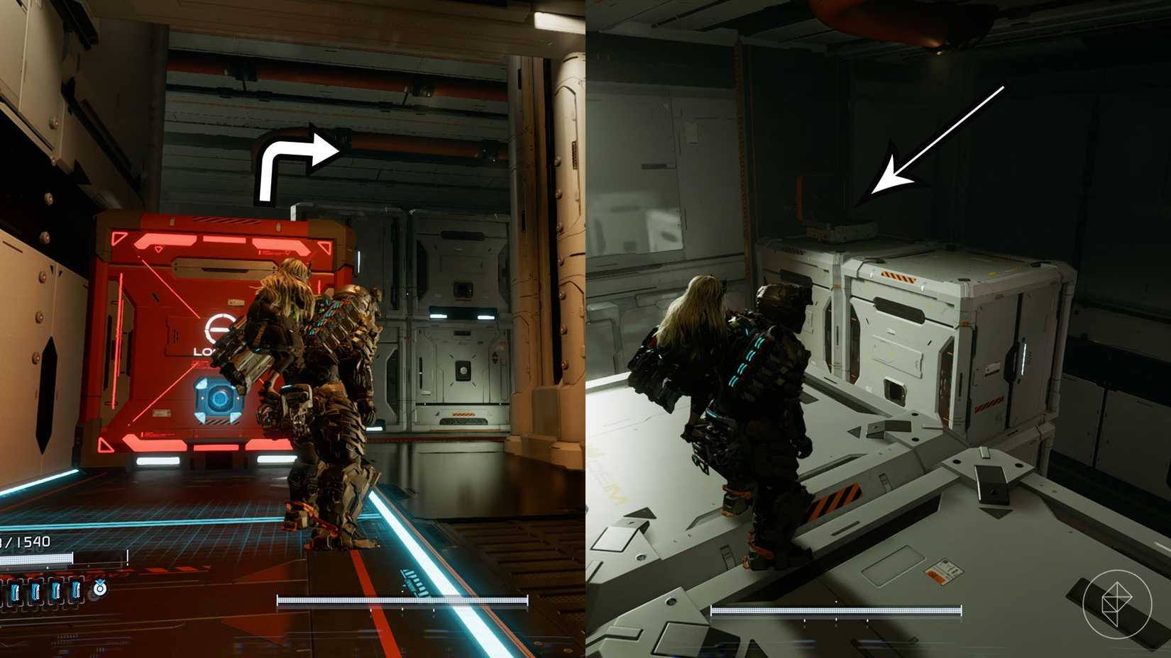 A montage using two Pragmata images showing the location of an upgrade component in the Lunum Mines sector