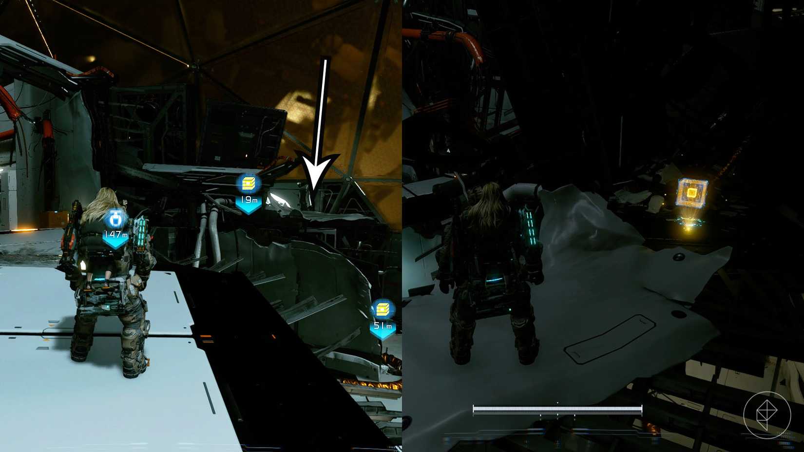 A montage using two Pragmata images showing the location of an upgrade component in the Lunum Mines sector