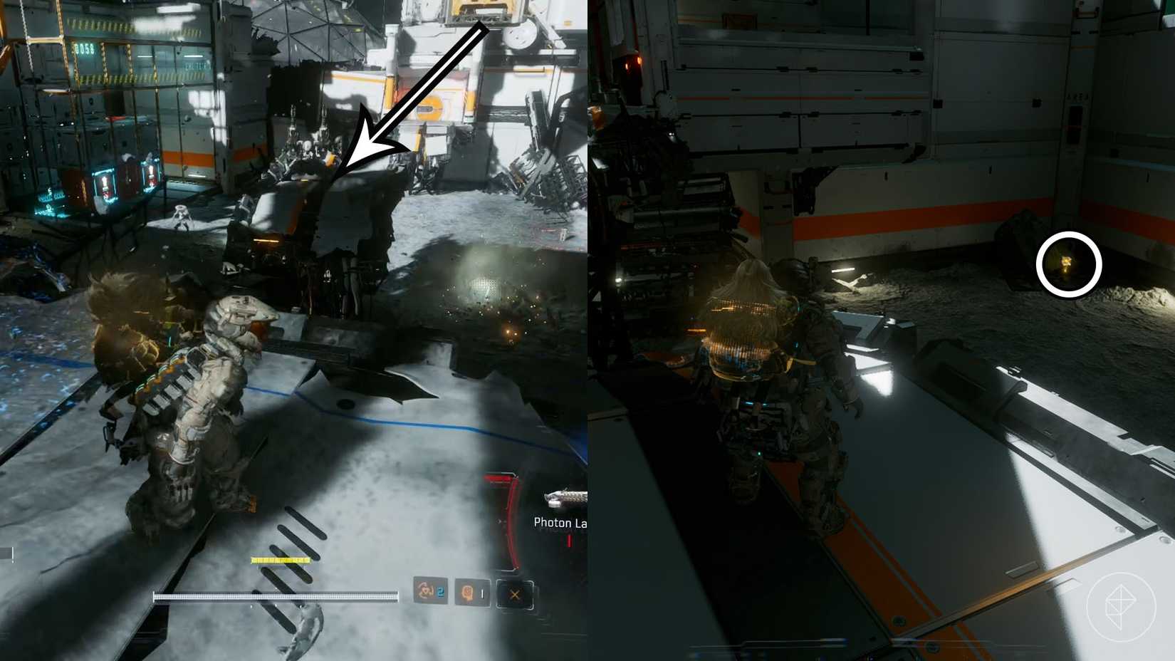 A montage using two Pragmata images showing the location of an upgrade component in the Lunum Mines sector