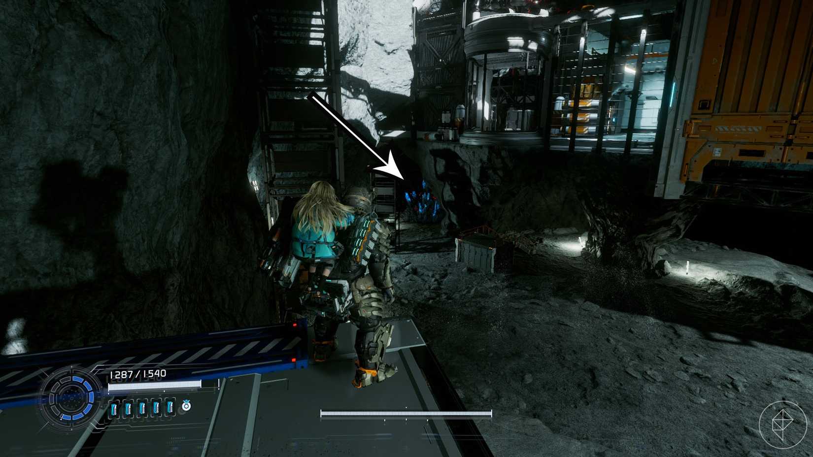 A montage using two Pragmata images showing the location of an upgrade component in the Lunum Mines sector