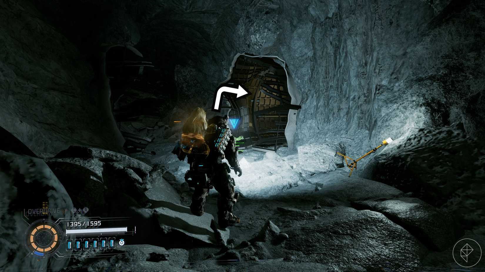 A Pragmata screenshot showing the location of an upgrade component in the Lunum Mines sector